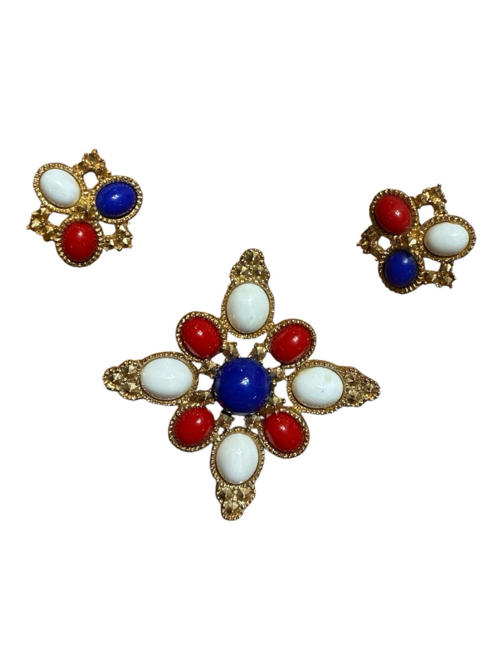 Sarah Coventry Gold-Tone Red White Blue Cabochon Brooch and Clip On Earring Set
